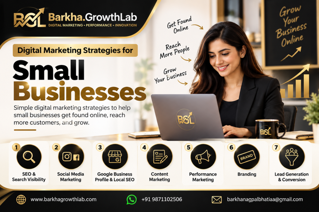 Digital marketing strategies for small businesses by Barkha Growth Lab including SEO, social media, Google Business Profile, content marketing, performance marketing, branding, and lead generation